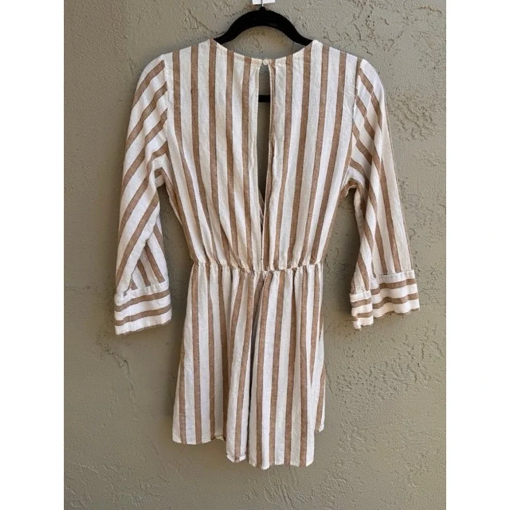 Zara Women Tan White Striped Linen Romper XS Minimalist Nautical Casual Beach